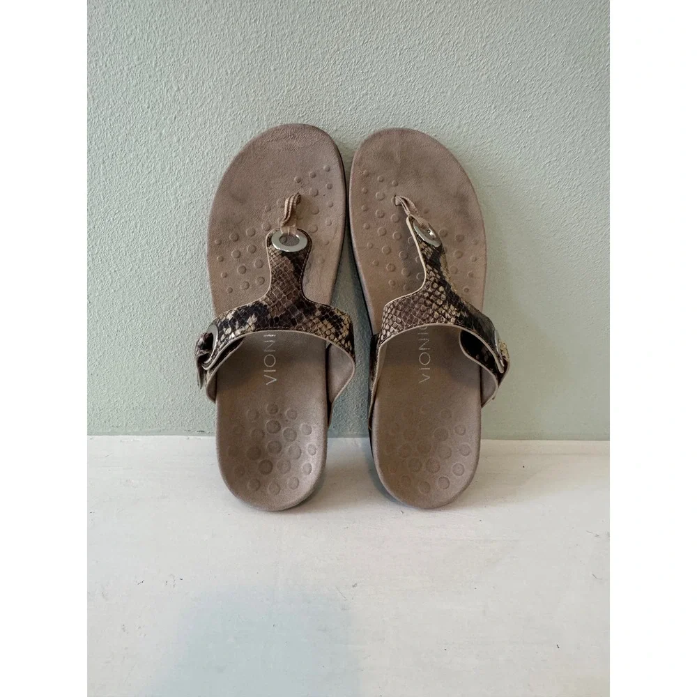 Vionic Lana Snake Print Thong Sandals Tan Brown Orthotic Womens Size 9
